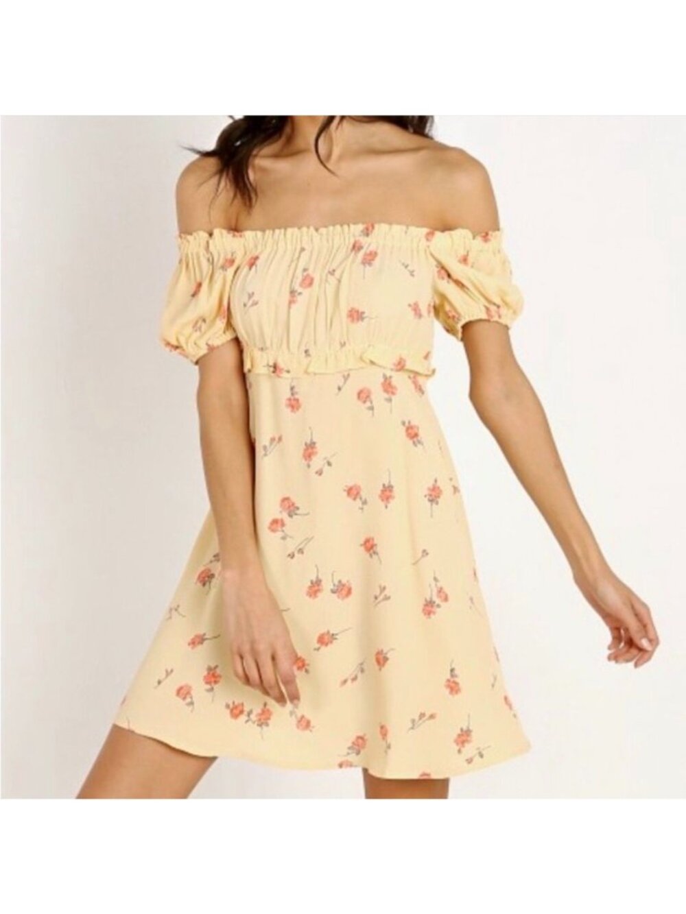 Flynn Skye Yellow Floral Off Shoulder Mini Dress Size Small Coquette Boho